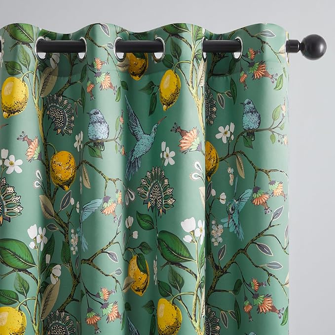 Topfinel 102 Inches Long Vintage Cottagecore Chinoiserie Curtains & Drapes Botanical Floral Flower Lemon Hummingbird Patterned Sage Green Pioneer Woman Blackout Curtains 2 Panels Living Dining Room