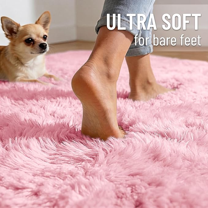 OLANLY Area Rugs for Living Room Bedroom, Machine Washable 4x5.9 ft Soft Fluffy Shaggy Bedside Rug, Indoor Floor Carpet for Kids Girls and Boys, Dorms, Nursery Rooms, Home Decor Aesthetic, Pink