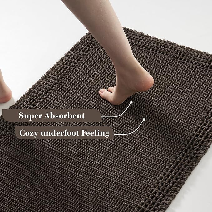 RESARE Waffle Bathroom Runner Rugs, Super Absorbent Bath Mat Non Slip Washable Quick Dry, Upgraded Ultra Soft Boho Bath Rugs with Tassels for Hallway Bedroom Laundry Room, 2'x4'(24"x48"), Chocolate