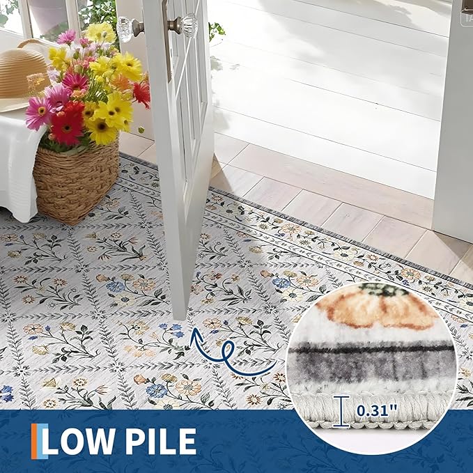 Large Area Rugs 10x13 Washable Rug for Spring Farmhouse Floral Carpet Grey Beige Soft Non Slip Low Pile Faux Wool Stain Resistant for Bedroom Kitchen Bathroom Laundry