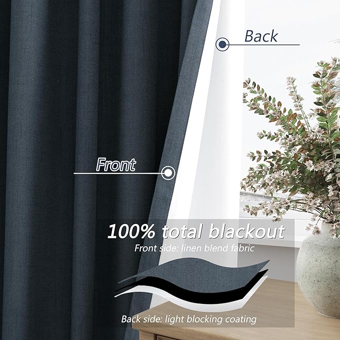 Guken Vintage Blue 100% Blackout Linen Curtains 84 Inch Length 2 Panels Set for Living Room Bedroom Back Tab/Rod Pocket Thermal Insulated Black Out Drapes Room Darkening Window Curtains