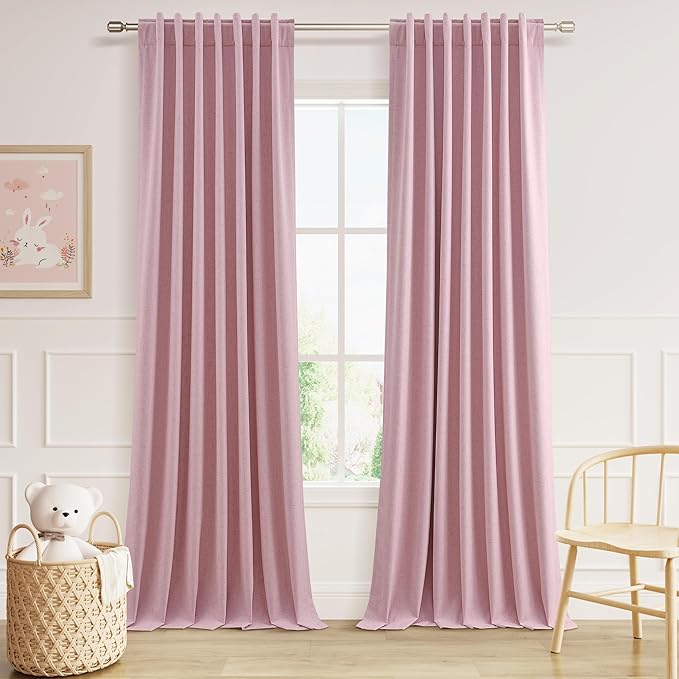 Guken 100% Blackout Curtains 90 Inch Length 2 Panels Set for Living Room Bedroom Back Tab Thermal Insulated Black Out Linen Drapes Room Darkening Rose,52x90