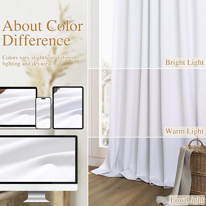 Guken White 100% Blackout Linen Curtains 52 Inch Wide by 130 Inch for Living Room Bedroom Back Tab/Rod Pocket Thermal Insulated Black Out Linen 2 Drapes Room Darkening Window Curtains,52x130
