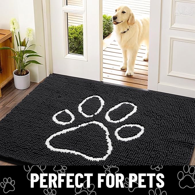 Smiry Dog Door Mat for Muddy Paws, Absorbent Dirt Trapper Non Slip Quick Dry Washable Chenille Mat for Mud Dogs, Entry Rug for Indoor and Outdoor (44x32 Inches, Black and White)