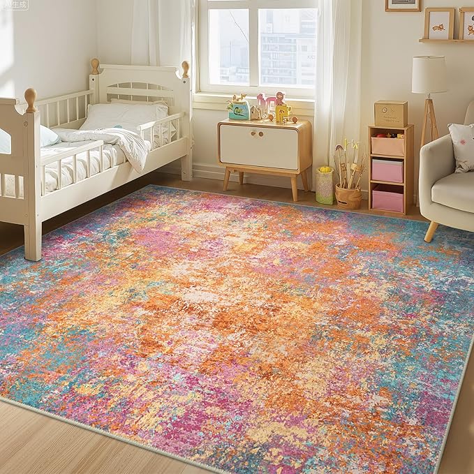 Washable Area Rugs 6'x9' Non-Slip Modern Abstract Soft for Living Room Entryway Bedroom Nursery, Print Pattern, Orange Blue Pink Yellow Colorful