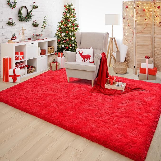 Chicrug Soft Area Rug for Bedroom Living Room Plush Fluffy Rug 8x10 Feet, Shag Furry Area Rug Carpet Non Shedding for Nursery Children Kids Girls Room Home Decorative, Red