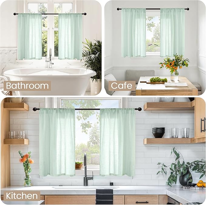 BGment Light Green Linen Curtains 45 Inch Length - Small Window Drapes Lightweight with Rod Pocket for Bathroom Kitchen Window Spring Decor, 2 Panels Set, 30 X 45 Inch