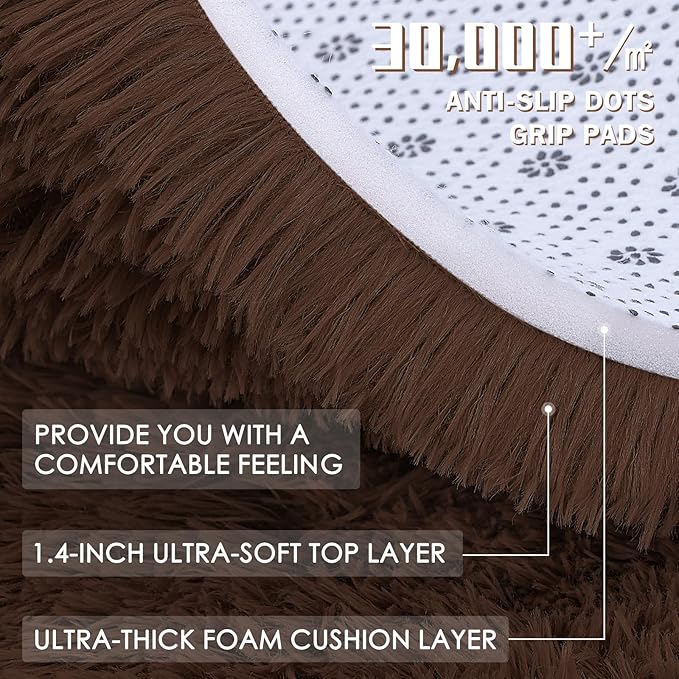 OLANLY Coffee Round Rugs for Bedroom - Machine Washable, 7 ft Circle Area Rugs for Living Room, Soft and Fluffy Shaggy Carpet for Teen Girls and Boys, Nursery Rooms, Dorms, Home Decor Aesthetic