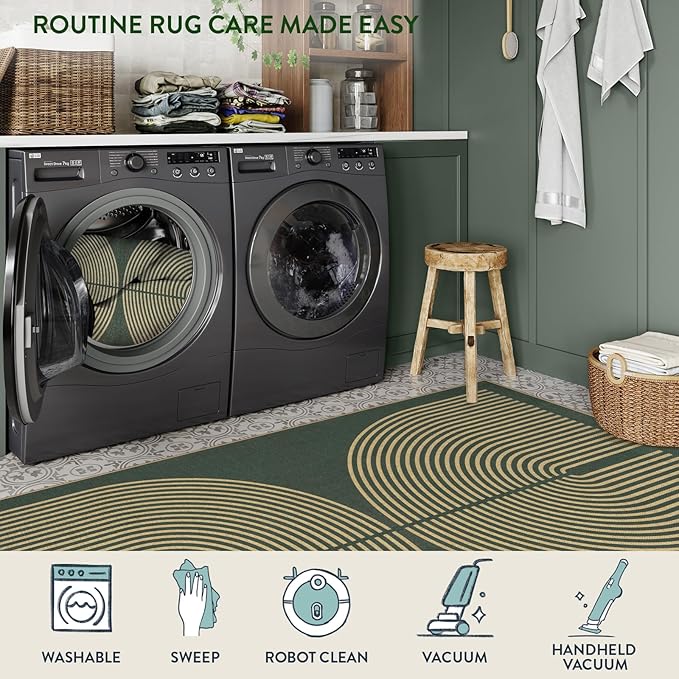Lahome Enfys Modern Rainbow Easy Jute Entry Rug, 3x5 Washable Outdoor Patio Porch Rug, Farmhouse Non Slip Non Shedding Dark Green Carpet for Dorm Living Room Deck Front Door Kitchen