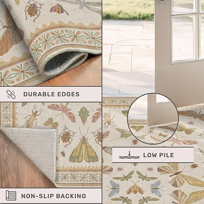 Beige and Yellow 5x7 Boho Rug for Living Room - Foyer Rugs for Entryway, Bedroom, Nursery Room, Insect Butterfly Bug Print, Washable Stain Resistant Home Décor