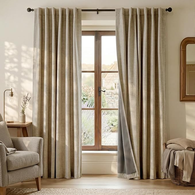 RYB HOME Burlap 100% Blackout Linen Curtains for Bedroom 52 Width 120 Long, Thich Elegant Extra Long Drapes for Modern/Vintage/Farmhouse Home Decor, Thermal Insulated Window Treatment, 2 Panels
