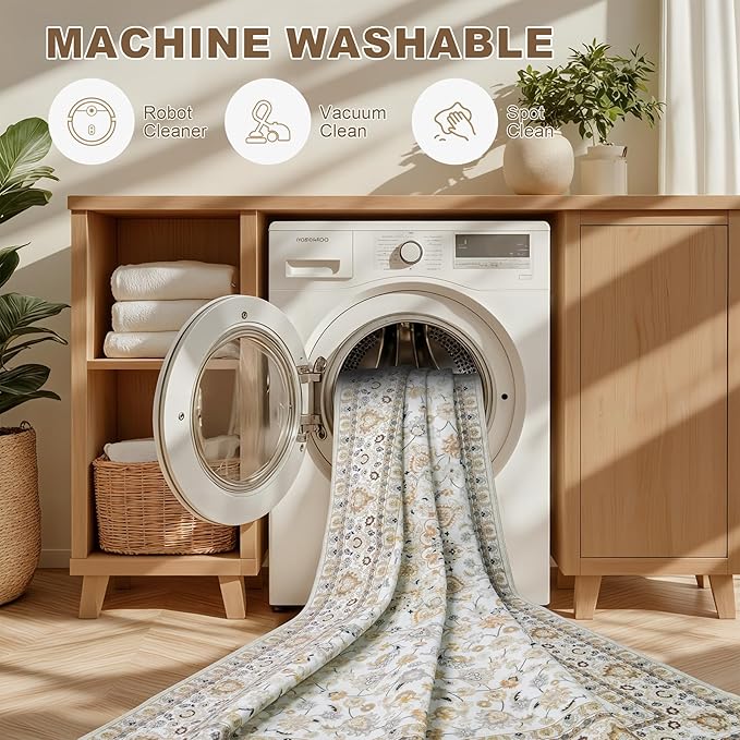 4x6 Area Rugs for Living Room: Washable Rug Soft Vintage Boho Carpet Indoor Floor Non-Slip Stain Resistant Floral Large Carpets for Bedroom Dining Room Farmhouse Nursery Home Office Beige