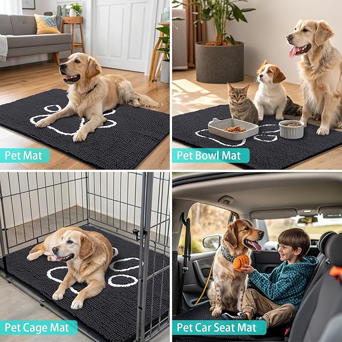 Smiry Dog Door Mat for Muddy Paws, Absorbent Dirt Trapper Non Slip Quick Dry Washable Chenille Mat for Mud Dogs, Entry Rug for Indoor and Outdoor (70x35 Inches, Black and White)