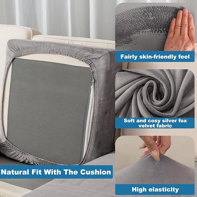 Couch Cover 3-Piece Elastic Velvet Couch Cushion Covers & Chaise Slipcovers for L-Shaped Sofas - Sofa Seat Covers Washable, Soft Protector for Couches (2 Seater + Chaise, Grey)
