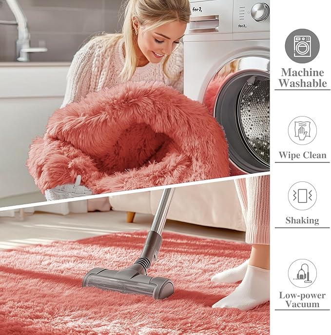 OLANLY 3x5 Machine Washable Small Bedside Rug, Soft Fluffy Shaggy Rugs for Living Room, Bedroom, Indoor Floor Carpet for Kids Girls and Boys, Preppy Dorms, Nursery, Home Decor Aesthetic, Rust Red