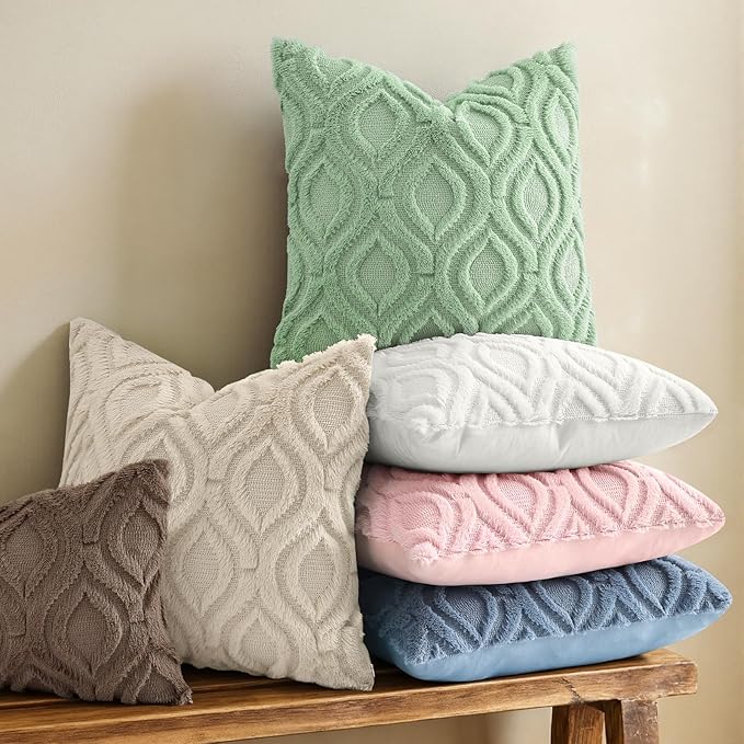 decorUhome Throw Pillow Covers 12x20 Inch Set of 2, Soft Plush Faux Wool Beige Solid Couch Pillow Covers, Accent Farmhouse Neutral Rectangle Pillow Cases for Sofa Bed Living Room