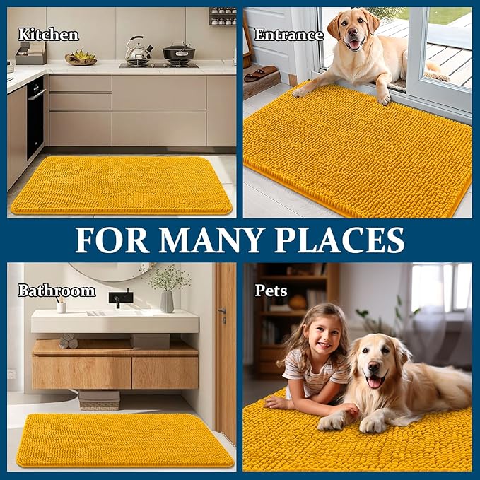 OLANLY Dog Door Mat for Muddy Paws 45x27, Absorbs Moisture and Dirt, Absorbent Non-Slip Washable Doormat, Quick Dry Chenille Mud Mat, Entry Indoor Entryway Carpet for Inside Floor, Golden Yellow