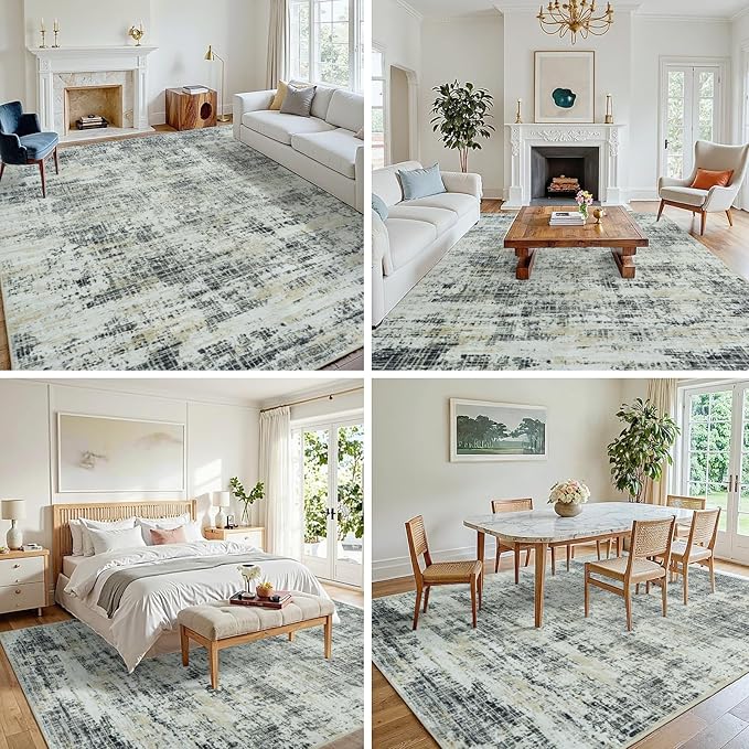 10x12 Area Rugs for Living Room Washable Rug: Anti-Skid Abstract Modern Living Room Rug Soft Thin Carpets Indoor Floor Non-Shedding Carpet for Bedroom Dining Farmhouse Nursery Black Gray Gold