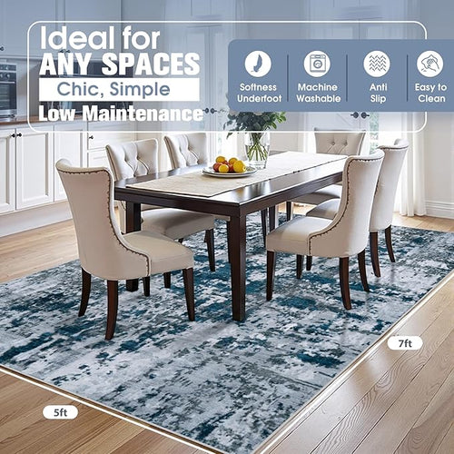 5x7 Area Rugs for Living Room Rug Washable: Abstract Rug for Dining Room Bedroom Carpet Non Slip 5 by 7 Indoor Modern Nursery Home Office Navy Grey