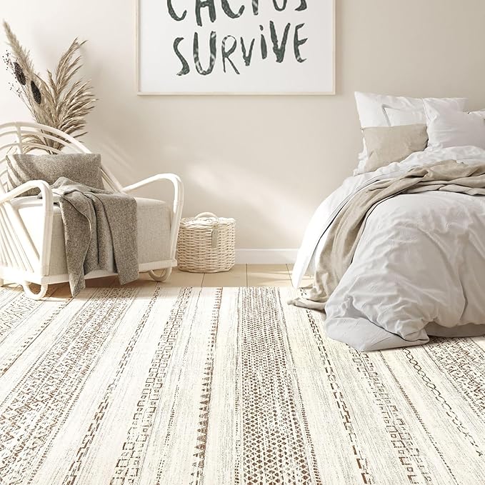 Nakagishi Area Rug Living Room Rugs: 5x7 Machine Washable Boho Large Neutral Farmhouse Stain Resistant Moroccan Indoor Floor Carpet for Bedroom Nursery Dorm Classroom Playroom Dining Room Home- Brown