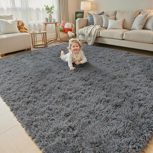 Area Rugs 9x12 Living Room, Large Area Rug Shag Shaggy Carpet Soft Plush Furry Bedside Rug, Machine Washable Area Rugs for Bedroom Kids Girls Boys Home Decor Anti Slip(9 x 12, Dark Grey)