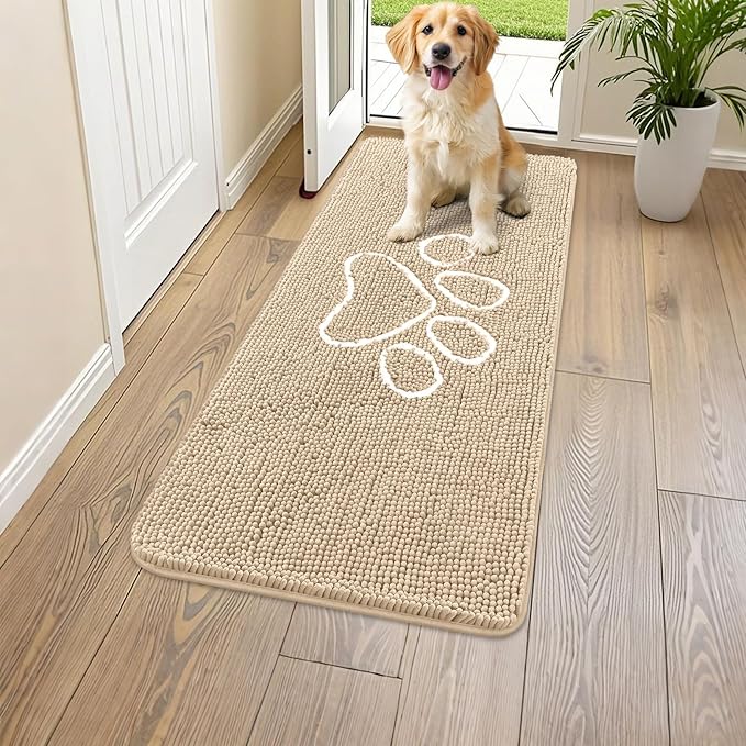 Smiry Dog Door Mat for Muddy Paws, Absorbent Dirt Trapper Non Slip Quick Dry Washable Chenille Mat for Mud Dogs, Entry Rug for Indoor and Outdoor (47x20 Inches, Beige and White)