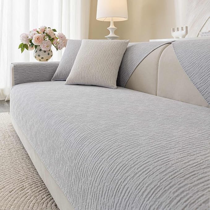 Soft Waterproof Chenille Cover Washable, Non Slip Sectional Sofa Covers for 3 Cushion Couch Sofa L Sharped Sofa Slipcover for Pets, Furniture Protector (1 PCS 36"x63" Light Grey)