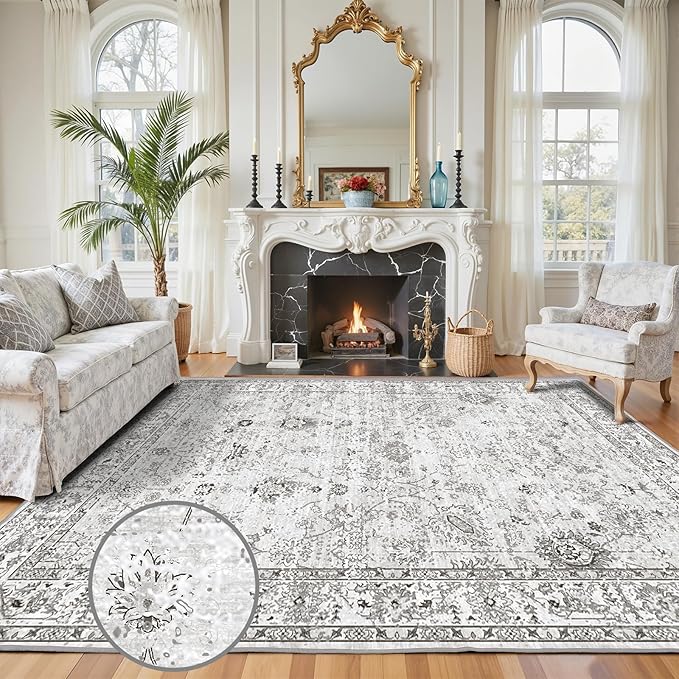 Floral Washable 6x9 Area Rugs, Soft Grey White Bedroom Rug for Living Room Ultra-Thin Non Slip Dining Room Rug, Stain Resistant Rugs Easy Clean Throw Carpet for Office(6 x 9, Grey White)