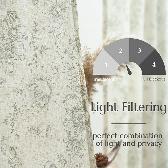 jinchan Linen Blend Floral Curtains for Living Room 63 Inches Extra Long Farmhouse Printed Curtain Back Tab Green Peony Flower Patterned Drapes Bedroom Window Curtains Set 2 Panels