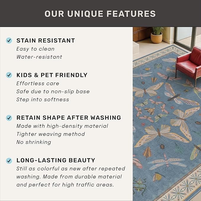 Hazo Haus 6x9 Blue Floral Rug for Dining Room Table - Area Rugs for Living Room, Bedroom, Insect Moth Art Nouveau Décor, Washable Lightweight Foldable Non Slip