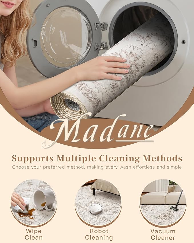 Madane 2x6 Washable Runner Rug Non-Slip, Vintage Kitchen Hallway Rug with Rubber Backing, Soft Low Pile Throw Carpet Runner for Entryway Laundry Bathroom Bedroom Living Room (2 x 6, Brown/Ivory)