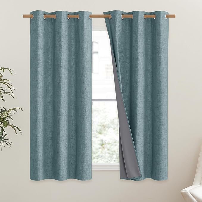 NICETOWN 100% Absolutely Blackout Linen Curtains with Thermal Insulated White Liner, Skylark Blue, 42" Wide, 63" Length Energy Saving Curtains for Small Window 2 Panels Set, Vertical Blinds