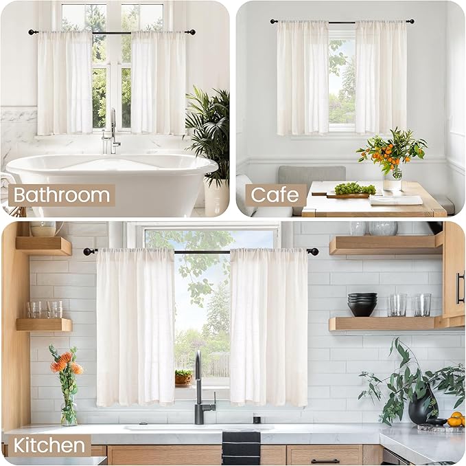 BGment Short Linen Curtains 40 Inch Length for Kitchen Windows - Rod Pocket Natural Drapes Light Filtering for Cafe Over Sink Decorative Sheer Lightweight Rustic, 2 Panels Set, 30 X 40 Inch