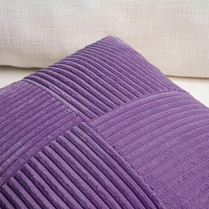 Fancy Homi 2 Packs Purple Lumbar Decorative Throw Pillow Covers 16x26 Inch for Living Room Couch Bed Sofa, Farmhouse Home Decor, Soft Striped Corduroy Rectangle Accent Cushion Case 65x40 cm