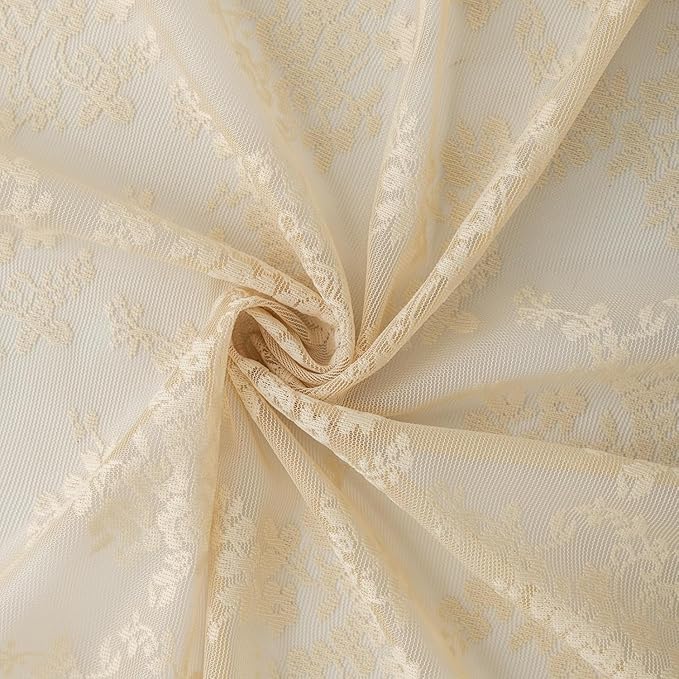 YJ YANJUN Vintage Lace Curtains 45 Inch Length- Cute Floral Cafe Curtains for Living Room Bathroom Kitchen Small Window Cabinet Rod Pocket Light Filtering W52 X L45 Beige
