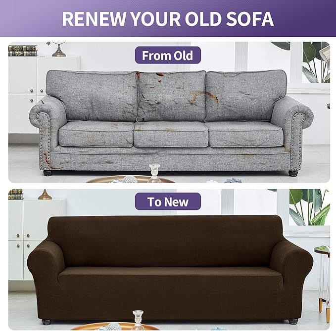 Joccun Stretch Couch Cover Slipcovers, 1-Piece Sofa Covers for 3 Cushion Couch Spandex Jacquard Washable Furniture Protector Cover for Living Room,Kids,Pets(Sofa,Seal Brown)