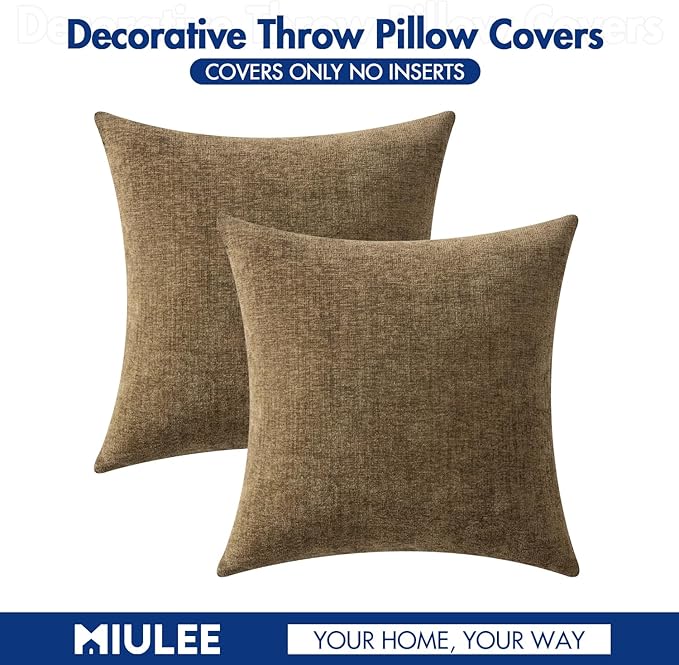 MIULEE Pack of 2 Coffee Throw Pillow Covers 16x16 Inch Soft Chenille Pillow Covers for Sofa Living Room Couch Solid Dyed Cases