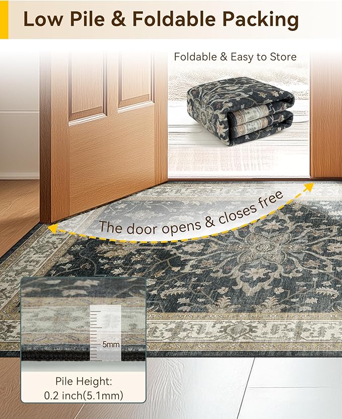 RELEANY Area Rugs 2'x8' Runner Rug Non Slip Washable for Kitchen Hallway Bedroom Beside Laundry Room Bathroom Rug, Floor Carpet, Vintage Black Brown Neutral