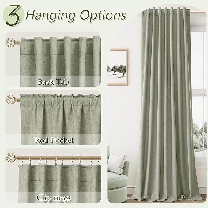 Sage Green 100% Blackout Linen Curtains 144 Inch Length 2 Panels Set for Living Room Bedroom Back Tab Thermal Insulated Black Out Drapes Room Darkening Farmhouse Style for Bedroom Window Curtains