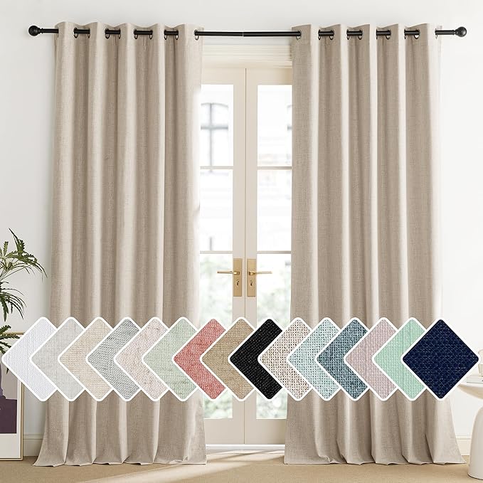 NICETOWN Cream 100% Blackout Linen Curtains 102 inch Long Burg for Living Room, 1 Pair, 62" Width Each Panel, Farmhouse Thick Completely Blackout Window Treatment Thermal Insulated Drapes