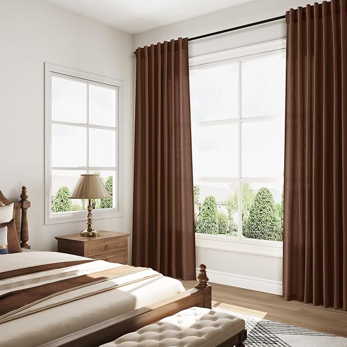 Mocha Brown Linen Curtains 102 Inches Long Rod Pocket Back Tab Drapes 2 Panels for Living Room Bedroom Light Filtering Semi Sheer Rustic Brown Curtain for Patio Door Dining Room52x102
