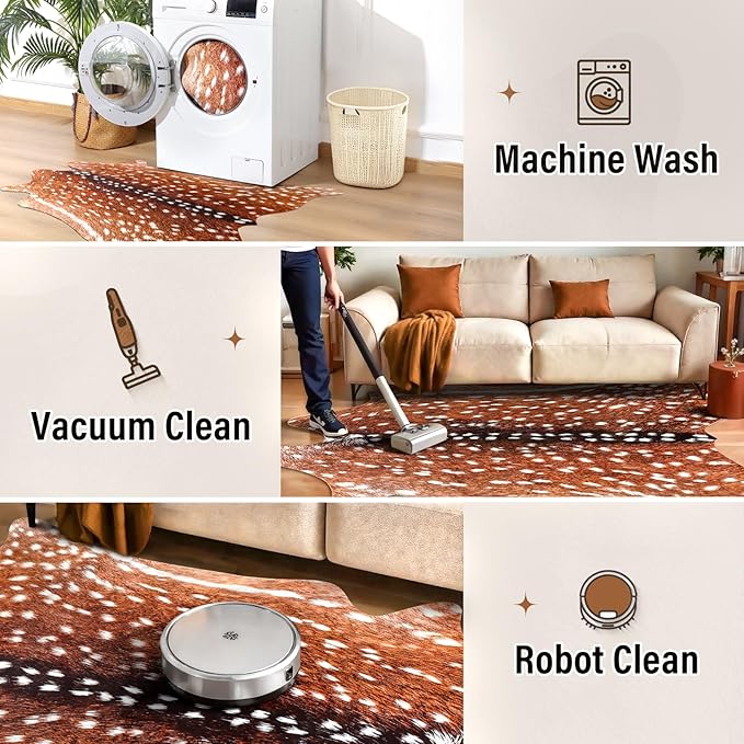 AROGAN Premium Deer Print Rug 6.2x7 Feet, Machine Washable Faux Fur Rug, Non-Slip Animal Print Hide Deer Skin Area Rug for Bedroom Living Room Home Decor