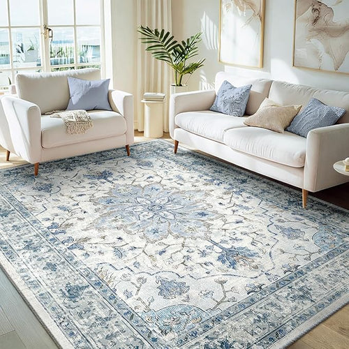Area Rugs 5'x7' Washable Non-Slip, Floral Vintage Distress Print Pattern Medallion Carpet for Living Room Bedroom Dining Room, Light Blue Navy Beige Gray White