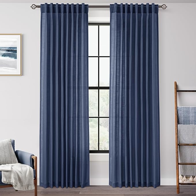 Navy Blue Curtains 120 inch Length for Bedroom Back Tab Light Filtering Semi Sheer Blue Living Room Curtains Linen Cotton Textured Indigo Blue Drapery Panel Modern Aesthetic Decor 60" Wx120" L