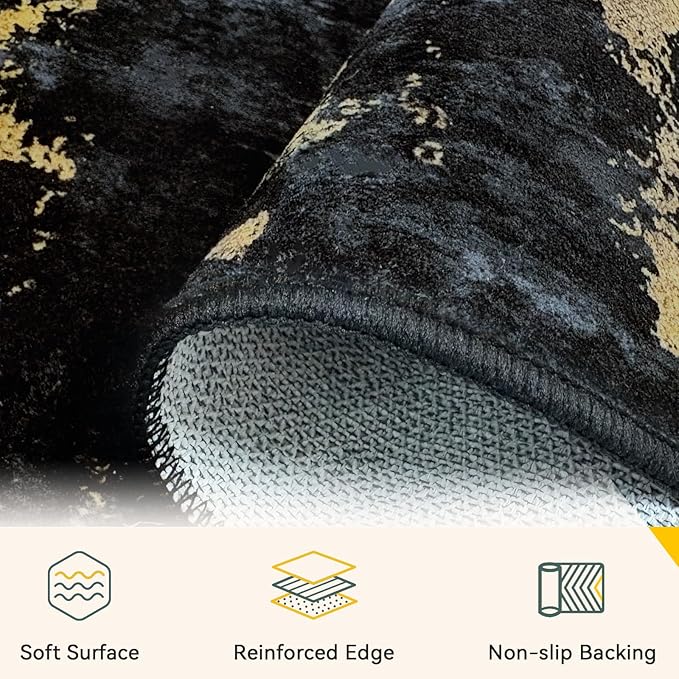 Washable Area Rugs 2'x6' Non-Slip Modern Abstract Soft for Living Room Entryway Bedroom Nursery, Print Pattern, Dark Black Gold