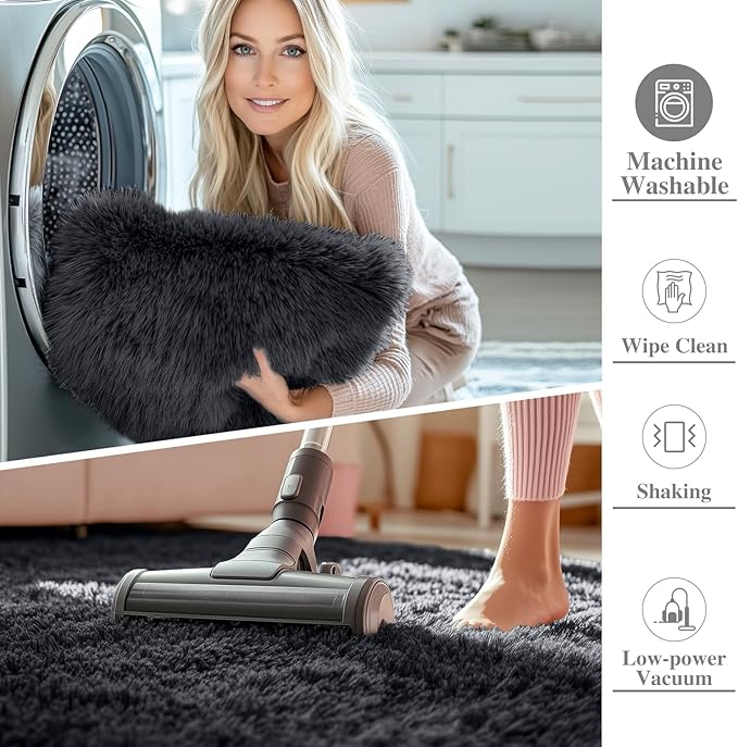 OLANLY Black Round Rugs for Bedroom - Machine Washable, 9 ft Circle Area Rugs for Living Room, Soft and Fluffy Shaggy Carpet for Teen Girls and Boys, Nursery Rooms, Dorms, Home Decor Aesthetic