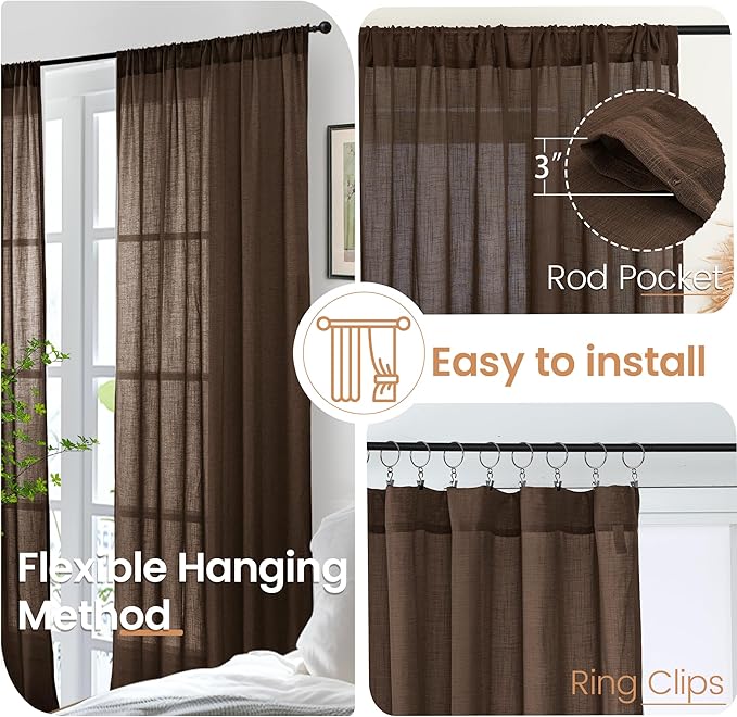 BGment Brown Linen Curtains 80 Inches Long for Living Room, Window Drapes Semi Sheer Rustic Textured for Farmhouse Beroom Dining Room Decor Rod Pocket Lightweight, 2 Panels Set, Each 52 Inch Wide