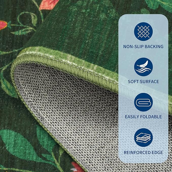 Washable Rug 5x7 Area Rugs for Living Room, Protea Floral Rug for Bedroom, Soft Boho Non Slip Throw Rugs with Rubber Back, Low Pile Stain Resistant Vintage Floral Carpet for Dining Room, Forest Green