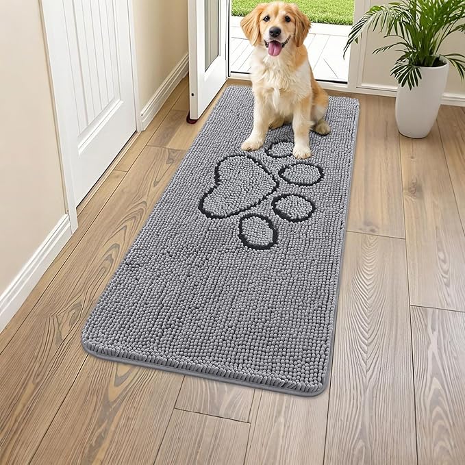 Smiry Dog Door Mat for Muddy Paws, Absorbent Dirt Trapper Non Slip Quick Dry Washable Chenille Mat for Mud Dogs, Entry Rug for Indoor and Outdoor (47x17 Inches, Grey and Black)