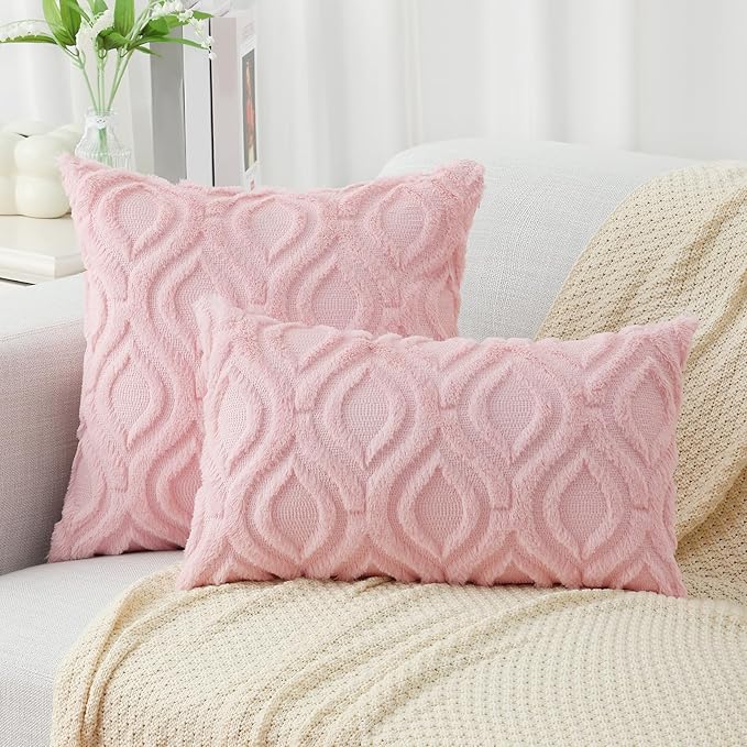 decorUhome Summer Throw Pillow Covers 18x18 Inch Set of 2, Soft Plush Faux Wool Light Pink Solid Couch Pillow Covers, Accent Farmhouse Neutral Square Pillow Cases for Sofa Bed Living Room